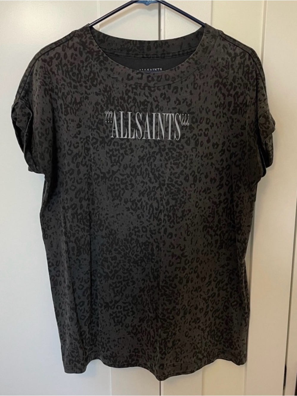 All Saints Women's Black Leopard Print Logo Tee Size M/L